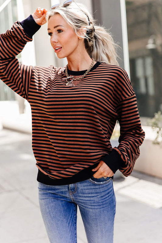BEVIQUEEN Performance Fleece University Pullover - Chai Stripe