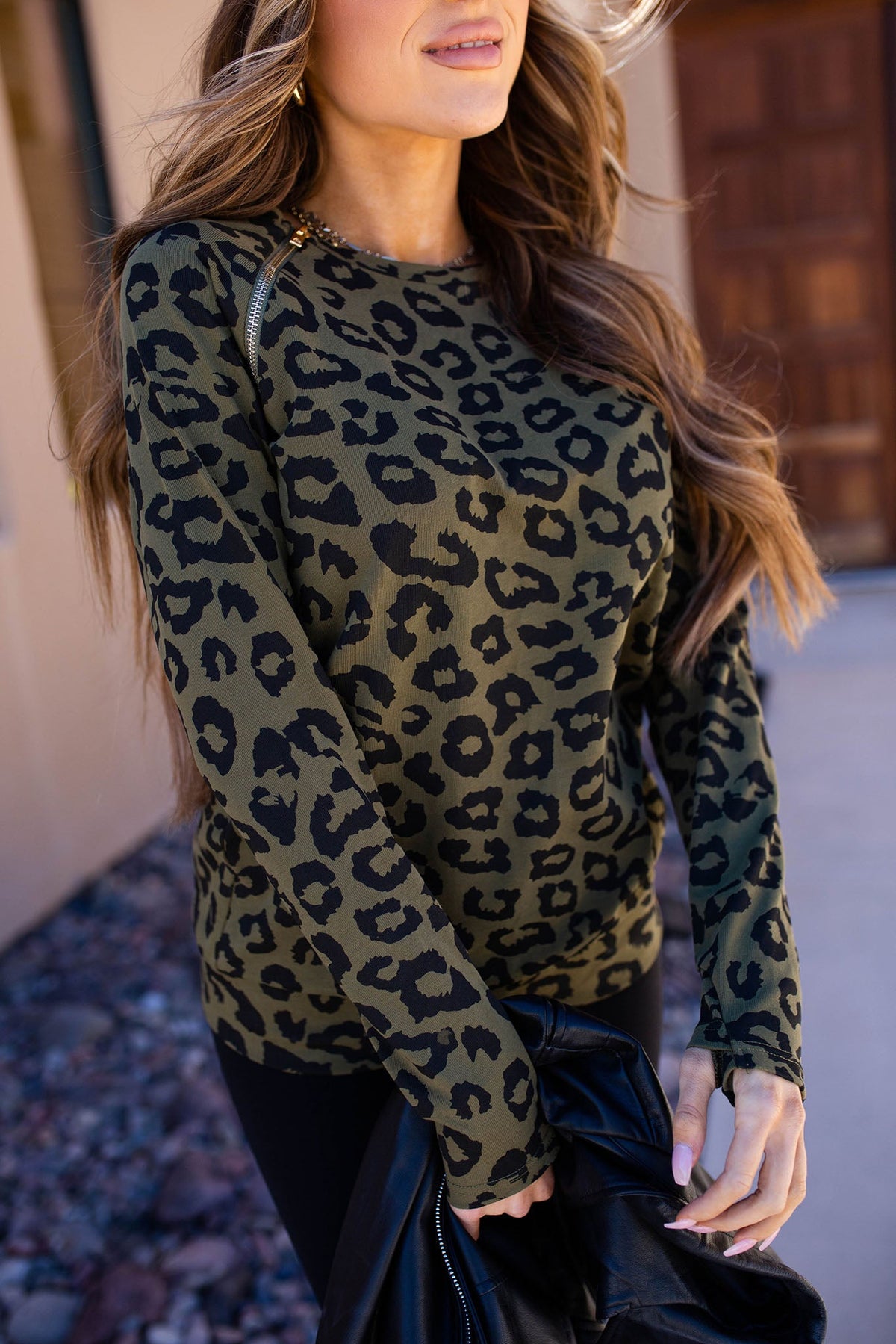 BEVIQUEEN Pullover Sweatshirt - Olive Leopard SideZip