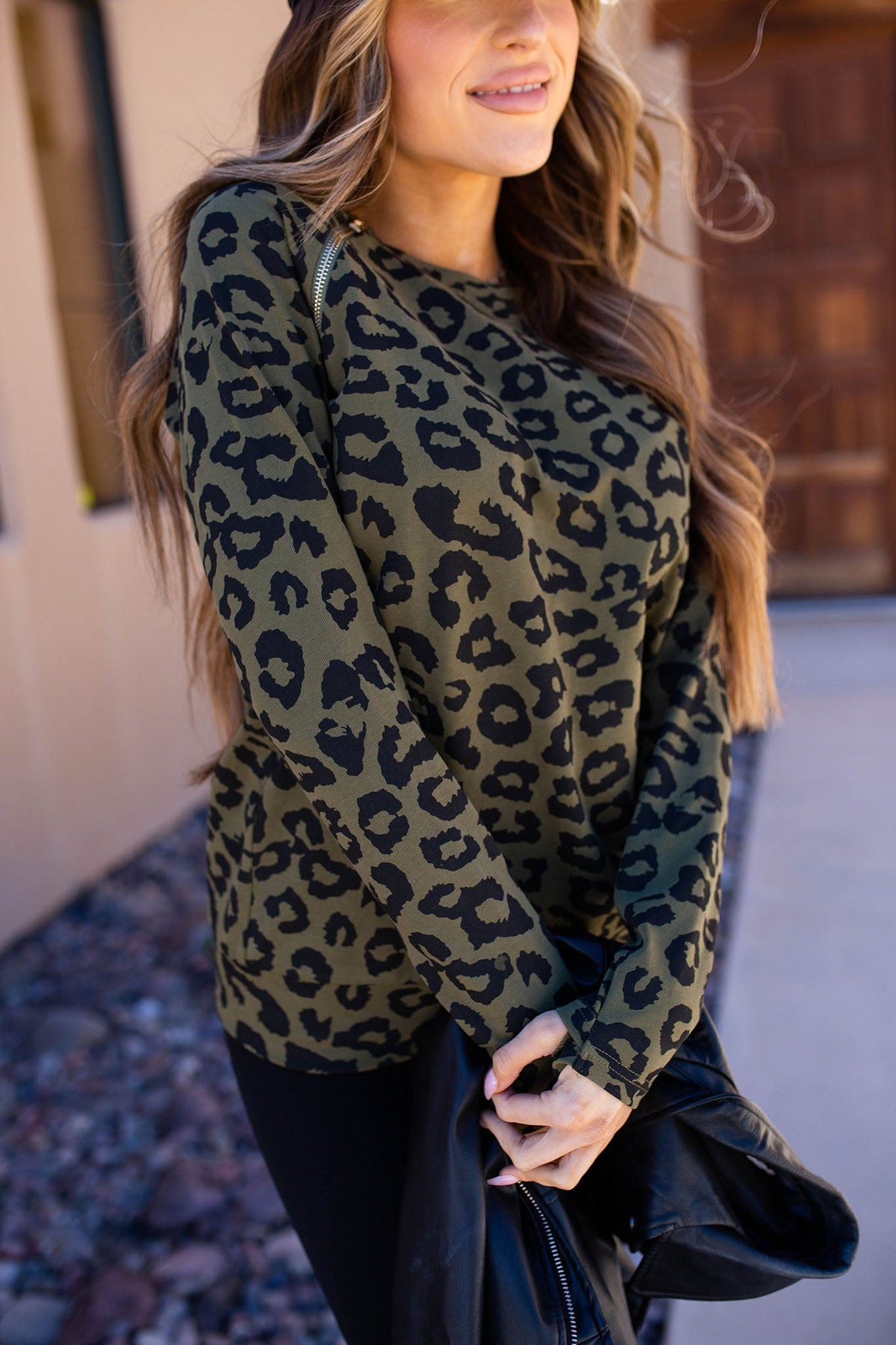 BEVIQUEEN Pullover Sweatshirt - Olive Leopard SideZip