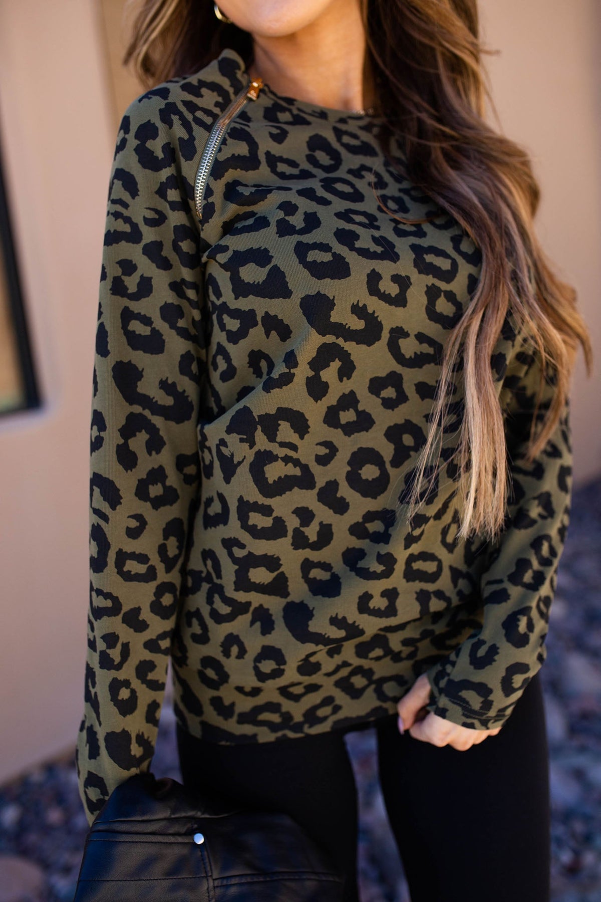 BEVIQUEEN Pullover Sweatshirt - Olive Leopard SideZip