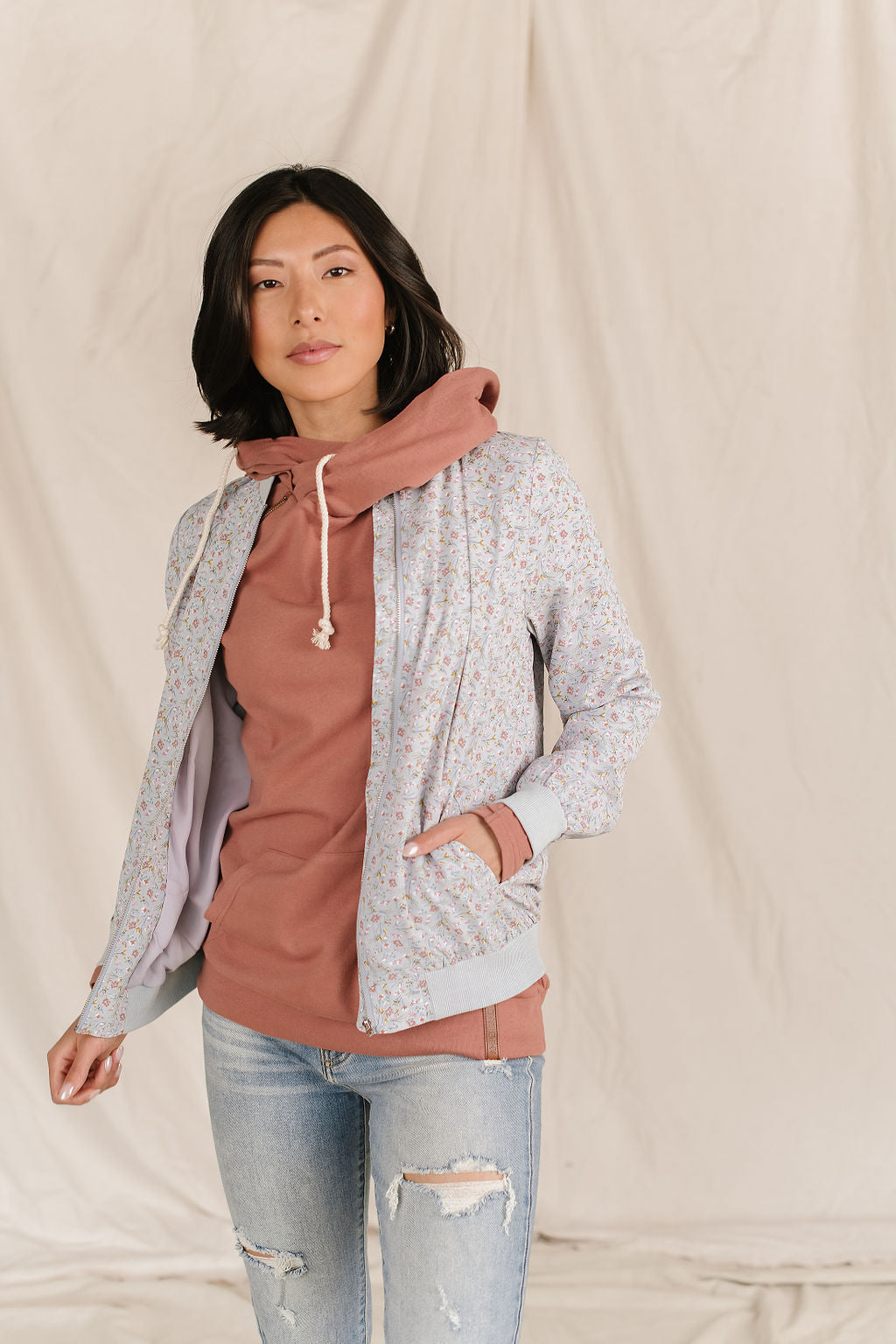 BEVIQUEEN Bomber Jacket - Dusty Blue Floral