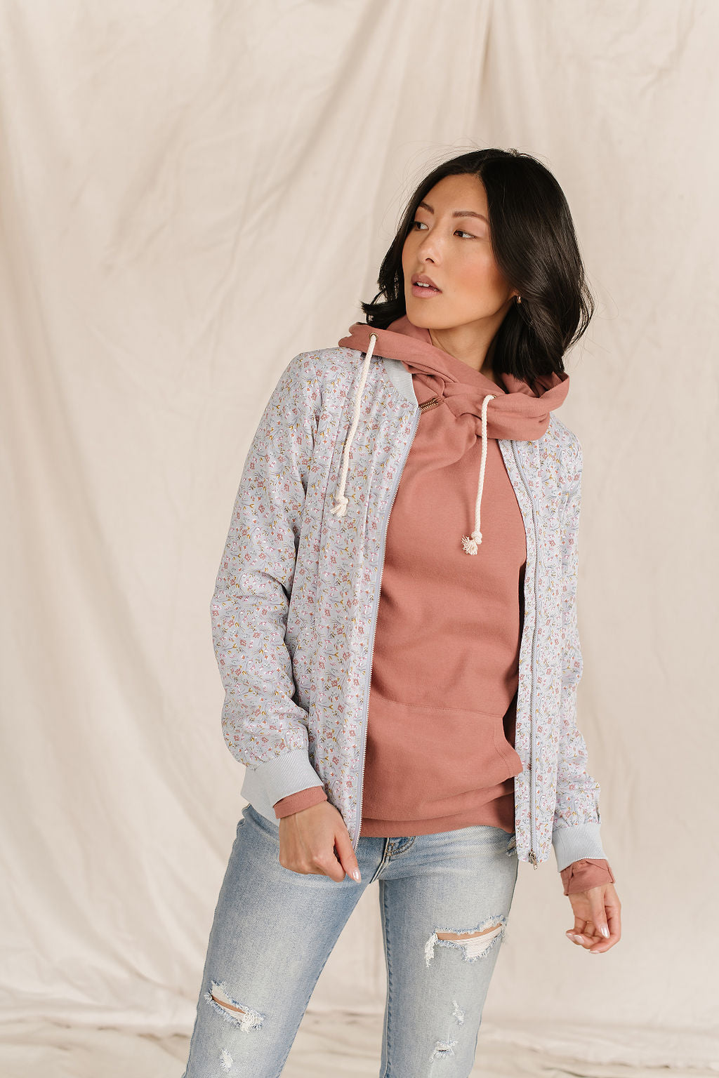BEVIQUEEN Bomber Jacket - Dusty Blue Floral