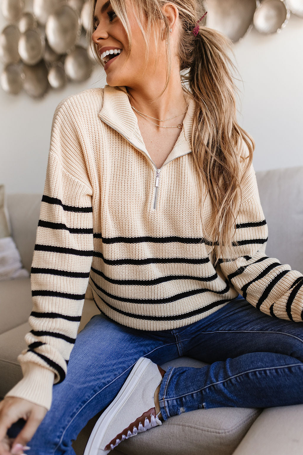 BEVIQUEEN HalfZip Sweater- Cream & Black Stripe