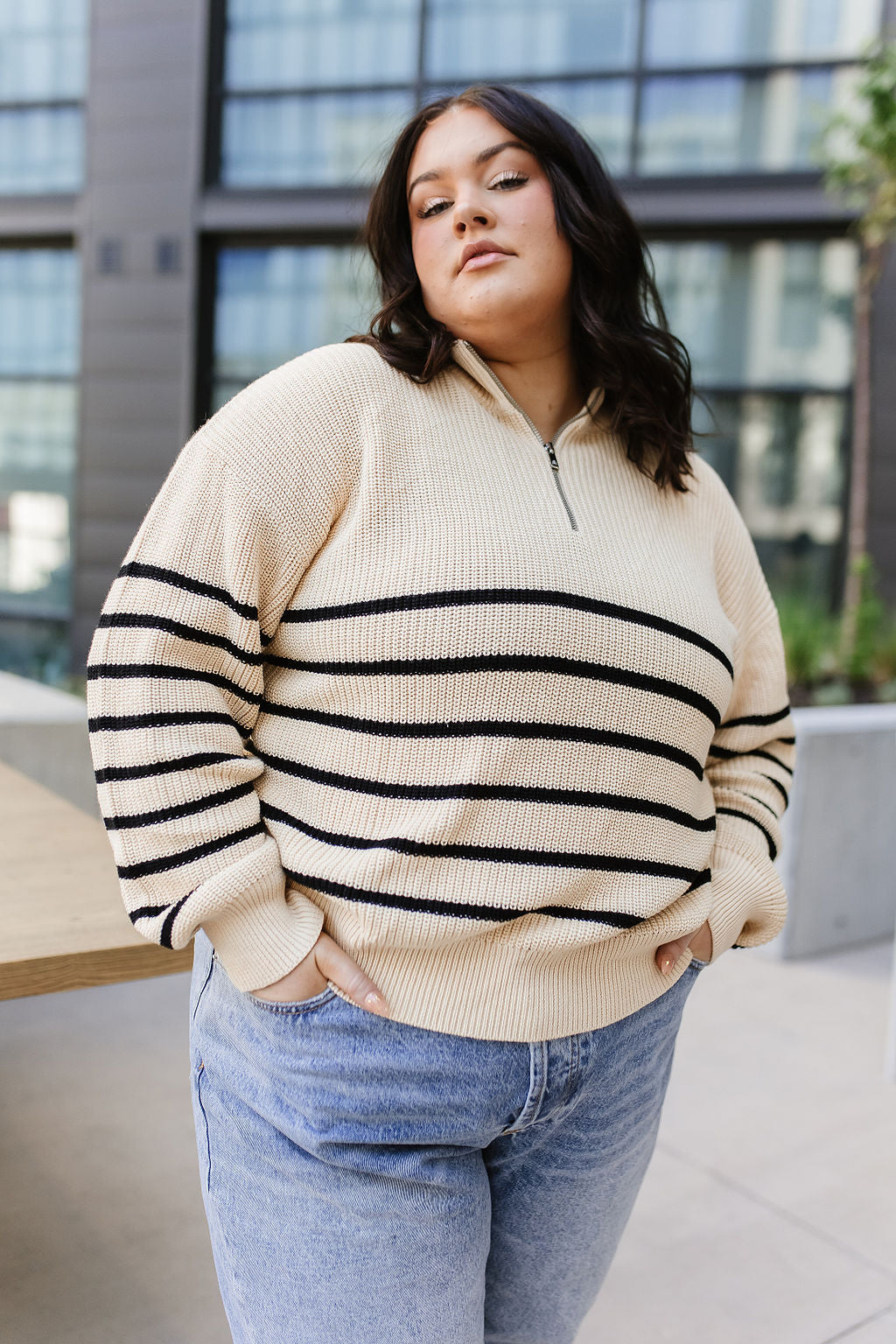 BEVIQUEEN HalfZip Sweater- Cream & Black Stripe