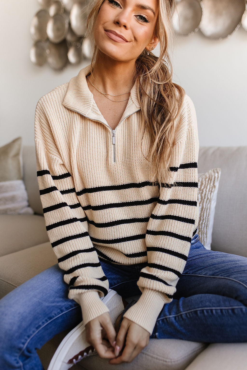 BEVIQUEEN HalfZip Sweater- Cream & Black Stripe